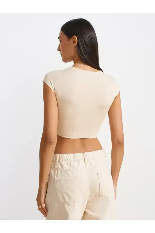 30528 Cotton and Modal Blend Crop Top-Stone-Stone - 2