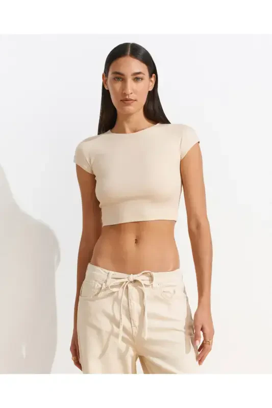 30528 Cotton and Modal Blend Crop Top-Stone-Stone - 5