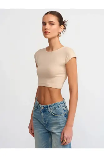 30528 Pamuk ve Modal Karışımlı Crop Top - Açık Bej 