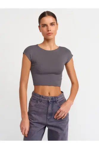 30528 Pamuk ve Modal Karışımlı Crop Top-Füme - Füme 