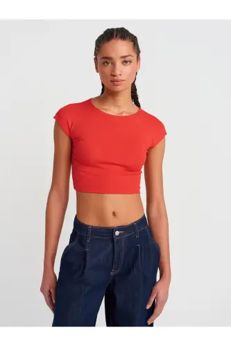 30528 Pamuk ve Modal Karışımlı Crop Top-Kırmızı - Kırmızı1 
