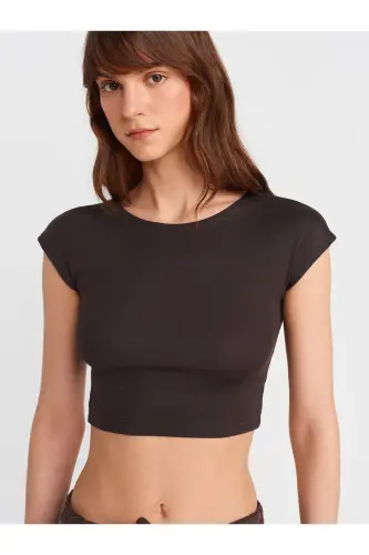 30528 Pamuk ve Modal Karışımlı Crop Top-Koyu Kahve-Koyu Kahve 