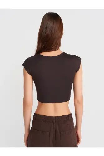 30528 Pamuk ve Modal Karışımlı Crop Top-Koyu Kahve-Koyu Kahve - 2