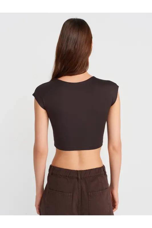 30528 Pamuk ve Modal Karışımlı Crop Top-Koyu Kahve-Koyu Kahve - 2