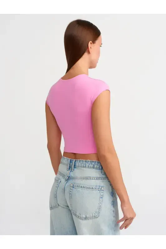 30528 Pamuk ve Modal Karışımlı Crop Top-Pembe-PİNK - 2
