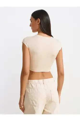 30528 Pamuk ve Modal Karışımlı Crop Top-Taş-Taş - DILVIN (1)