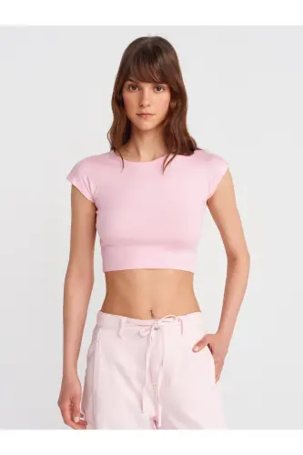 30528 Pamuk ve Modal Karışımlı Crop Top-Toz Pembe-Toz Pembe 