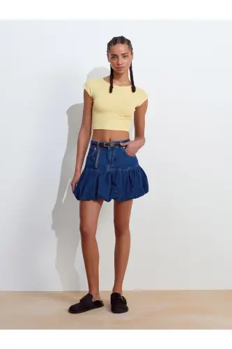 30528 Paxta va Modal Aralash Crop Top-Sariq-Sariq - 3