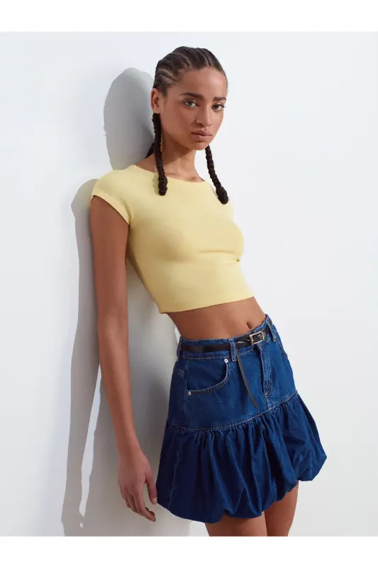 30528 Paxta va Modal Aralash Crop Top-Sariq-Sariq - 5