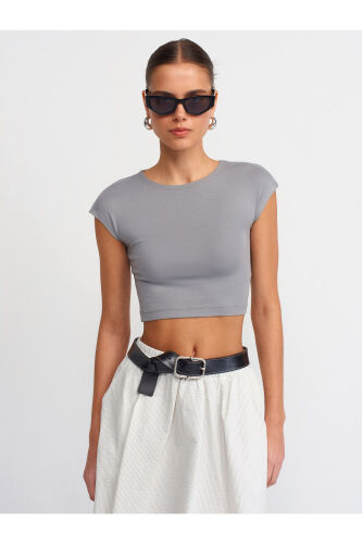 30528 Paxta va Modal Aralashgan Crop Top - Kulrang 