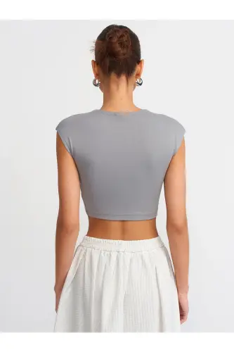 30528 Paxta va Modal Aralashgan Crop Top - Kulrang - 3