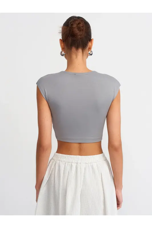 30528 Paxta va Modal Aralashgan Crop Top - Kulrang - 3