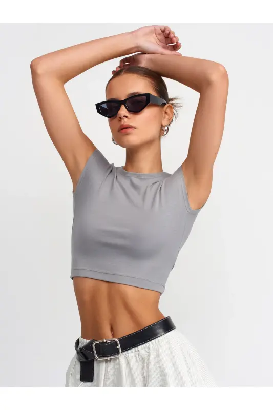30528 Paxta va Modal Aralashgan Crop Top - Kulrang - 4