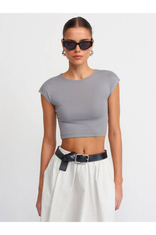 30528 Paxta va Modal Aralashgan Crop Top - Kulrang - 2