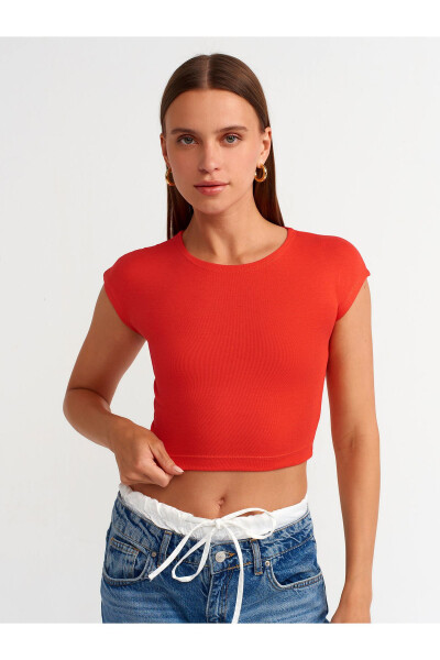 30528 Paxta va Modal Aralashgan Crop Top - Qizil - 5