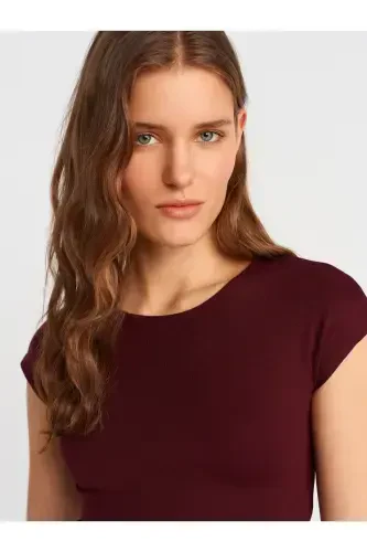 30528 Paxta va Modal aralashmali Crop Top-Bordo-Bordo - 4