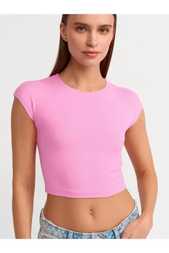 30528 Paxta va Modal Aralashmali Crop Top-PİNK - 4