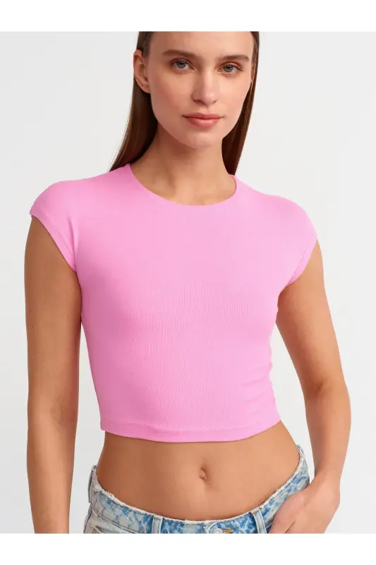 30528 Paxta va Modal Aralashmali Crop Top-PİNK - 4