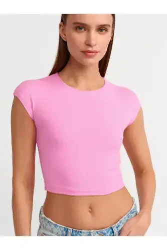 30528 Paxta va Modal Aralashmali Crop Top-PİNK - 4