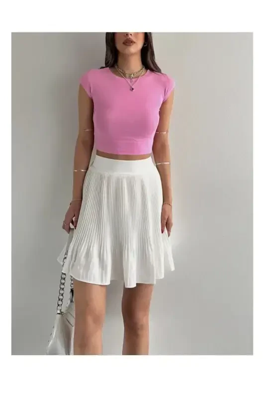 30528 Paxta va Modal Aralashmali Crop Top-Pushti-Pushti - 2