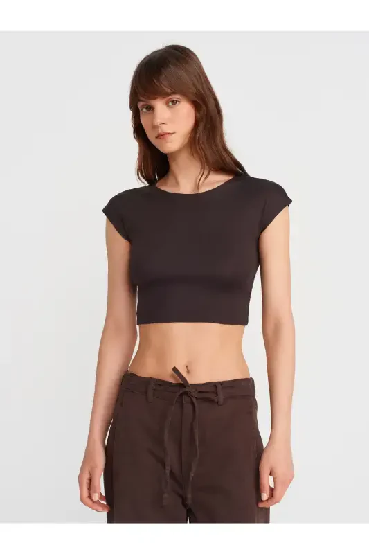 30528 Paxta va Modal aralashmali Crop Top - To'q jigarrang - To'q jigarrang - 3