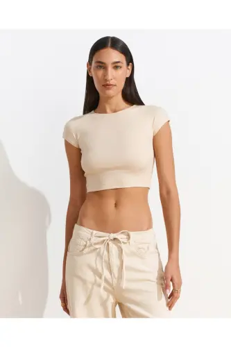 30528 Paxta va Modal aralashmali Crop Top-Tosh-Tosh - 5