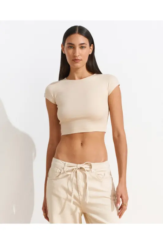 30528 Paxta va Modal aralashmali Crop Top-Tosh-Tosh - 5