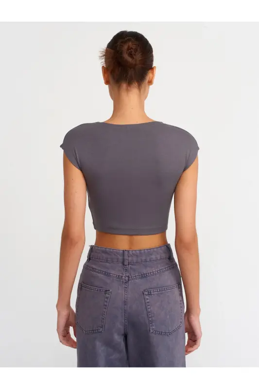 30528 Paxta va modal aralashmali Crop Top-Tutun rang-Tutun rang - 2