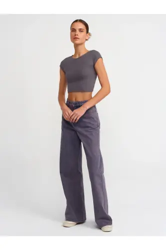 30528 Paxta va modal aralashmali Crop Top-Tutun rang-Tutun rang - 3