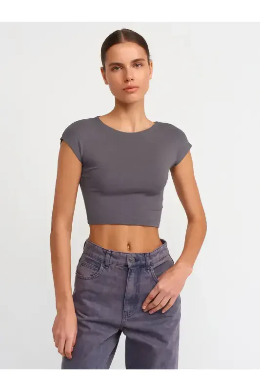 30528 Paxta va modal aralashmali Crop Top-Tutun rang-Tutun rang - 1