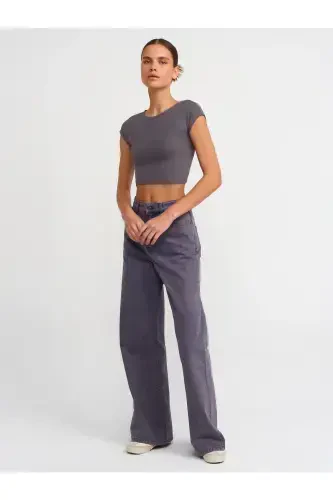 30528 Paxta va modal aralashmali Crop Top-Tutun rang-Tutun rang - 3