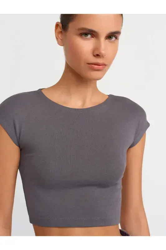 30528 Paxta va modal aralashmali Crop Top-Tutun rang-Tutun rang - 4