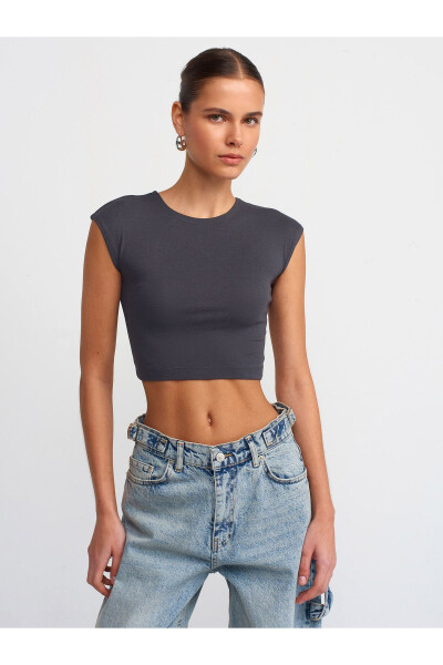30528 Paxta va Modal Aralashmasi Crop Top - Antrasit - 11