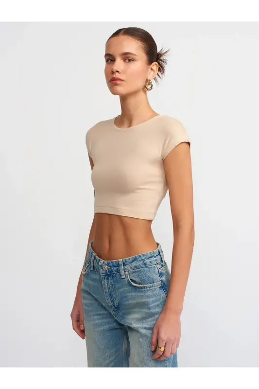 30528 Paxta va Modal aralashmasi Crop Top - Ochqir jigarrang - 2