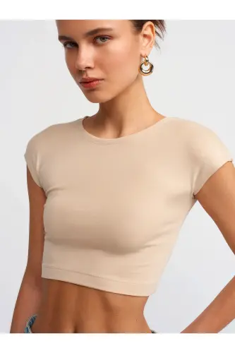 30528 Paxta va Modal aralashmasi Crop Top - Ochqir jigarrang - 5