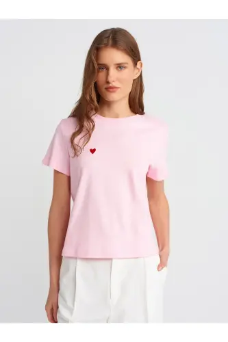30584 %100 Pamuk Bisiklet Yaka Pamuklu T-shirt-A.Pembe - A.Pembe 