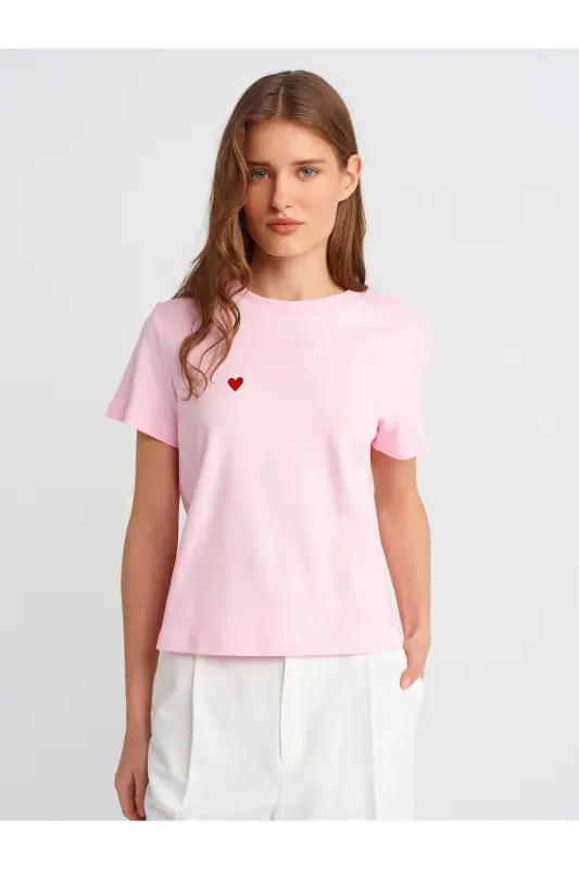 30584 %100 Pamuk Bisiklet Yaka Pamuklu T-shirt-A.Pembe - A.Pembe - 1