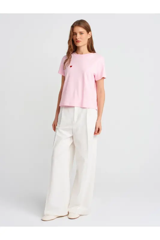 30584 %100 Pamuk Bisiklet Yaka Pamuklu T-shirt-A.Pembe - A.Pembe - 3