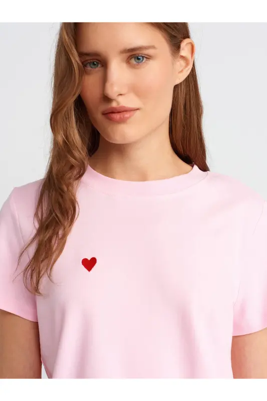 30584 %100 Pamuk Bisiklet Yaka Pamuklu T-shirt-A.Pembe - A.Pembe - 4
