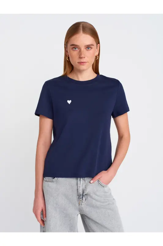 30584 %100 Pamuk Bisiklet Yaka Pamuklu T-shirt-Lacivert-Lacivert - DILVIN