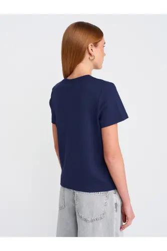30584 %100 Pamuk Bisiklet Yaka T-shirt-Lacivert - Lacivert - 2