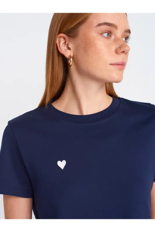 30584 %100 Pamuk Bisiklet Yaka T-shirt-Lacivert - Lacivert - 4