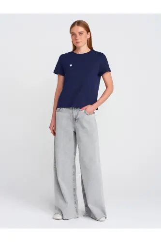 30584 %100 Pamuk Bisiklet Yaka Pamuklu T-shirt-Lacivert-Lacivert - 3