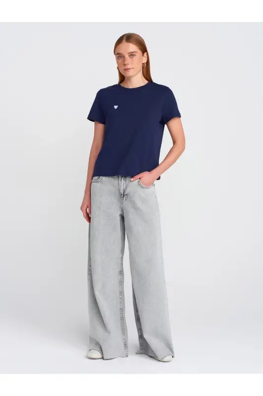 30584 %100 Pamuk Bisiklet Yaka Pamuklu T-shirt-Lacivert-Lacivert - 3