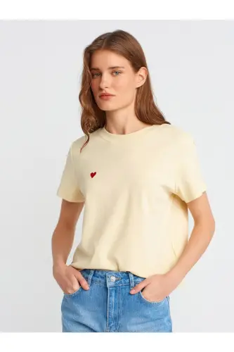30584 Bisiklet Yaka Pamuklu T-Shirt-Açık Sarı-Açık Sarı 