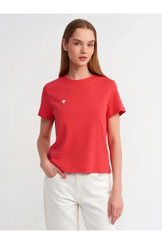 30584 Bisiklet Yaka Pamuklu T-shirt-A.Kırmızı-A.Kırmızı - DILVIN