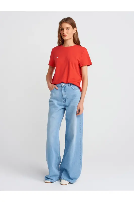 30584 Bisiklet Yaka Pamuklu T-shirt-Kırmızı - Kırmızı - 3