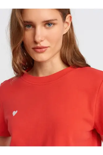 30584 Bisiklet Yaka Pamuklu T-shirt-Kırmızı - Kırmızı - 4