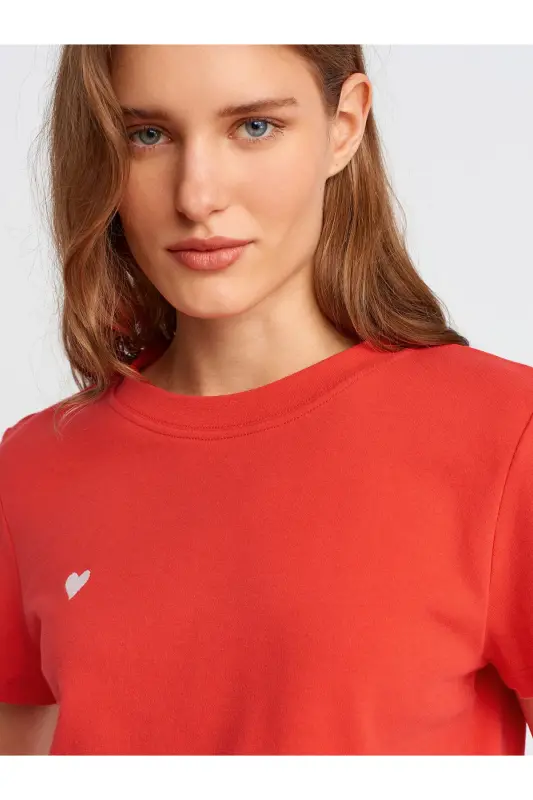 30584 Bisiklet Yaka Pamuklu T-shirt-Kırmızı - Kırmızı - 4