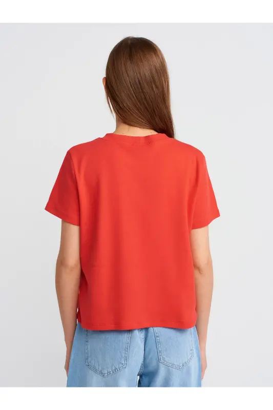 30584 Bisiklet Yaka Pamuklu T-shirt-Kırmızı-Kırmızı - 2